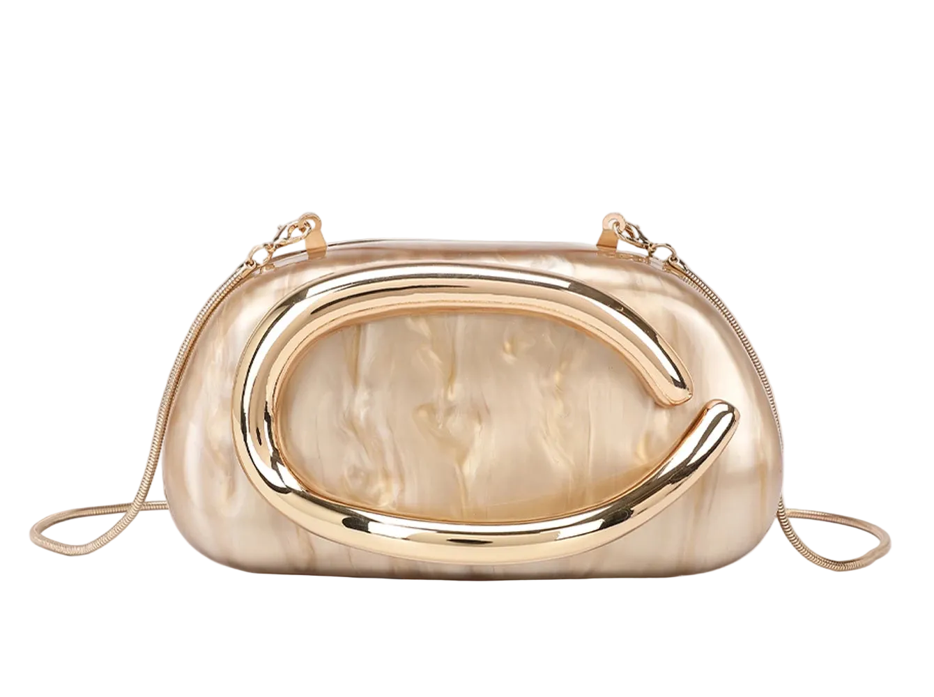 Gold and beige handbag with a unique design on a light background