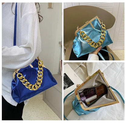 Collage of a blue Carauana UNIU Aurora Clutch with gold chain detail worn by a person, held open to show interior.