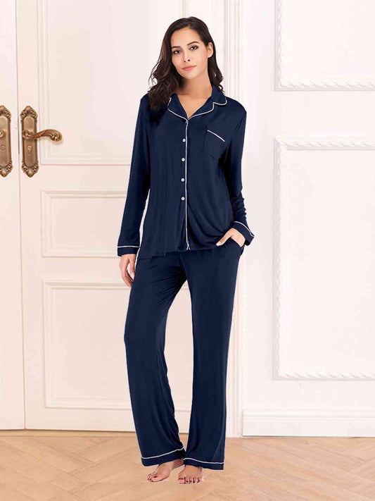 Collared Neck Long Sleeve Loungewear Set with Pockets Carauana Store
