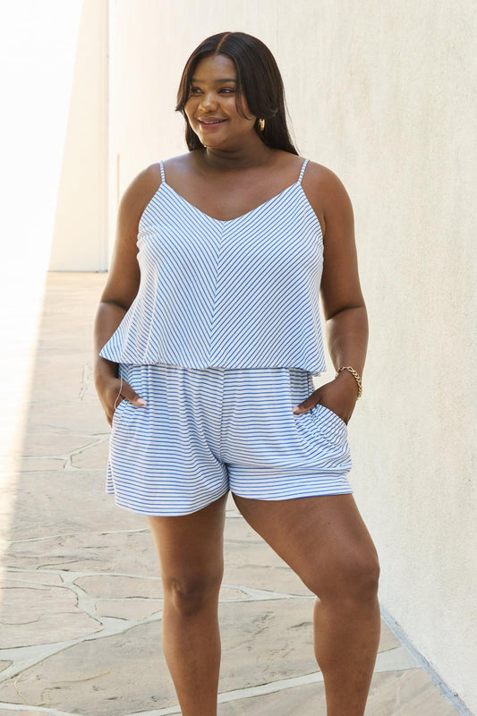 Culture Code Let It Happen Full Size Double Flare Striped Romper in Cobalt Blue Carauana Store