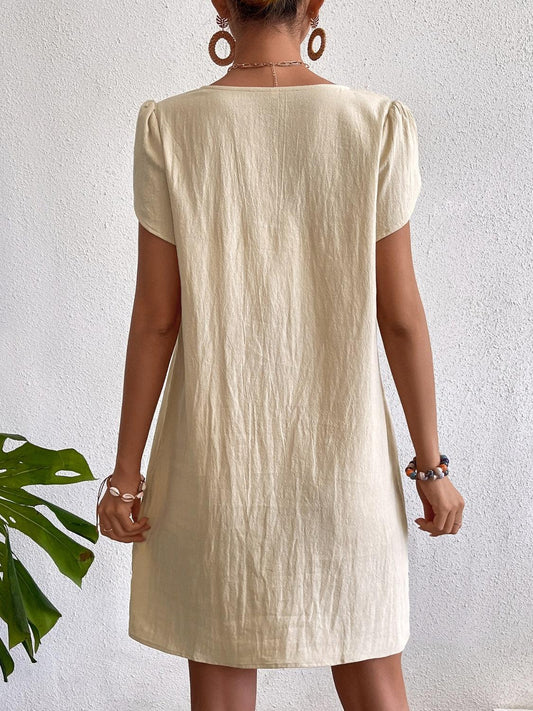 Decorative Button Asymmetrical Neck Short Sleeve Dress Carauana Store