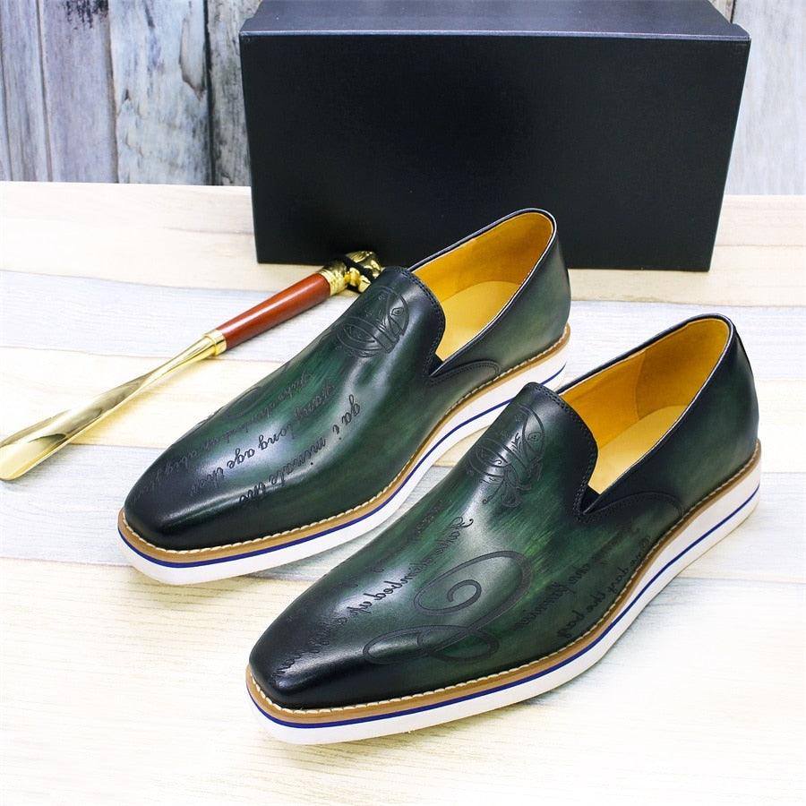 Fashion men casual shoes green comfortable flat loafers classic pointed handmade leather