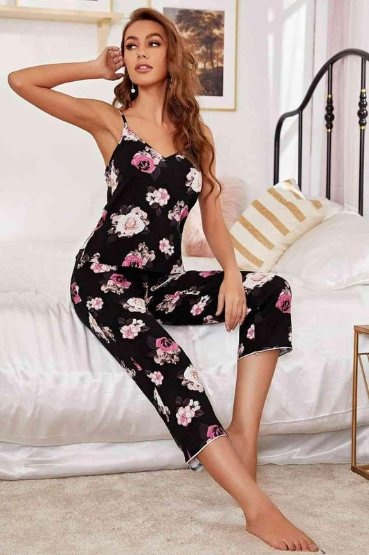 Floral V-Neck Cami and Cropped Pants Lounge Set Carauana Store