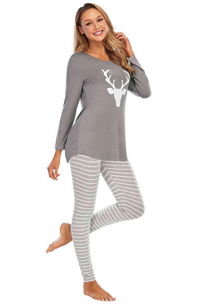 Graphic Round Neck Top and Striped Pants Set Carauana Store