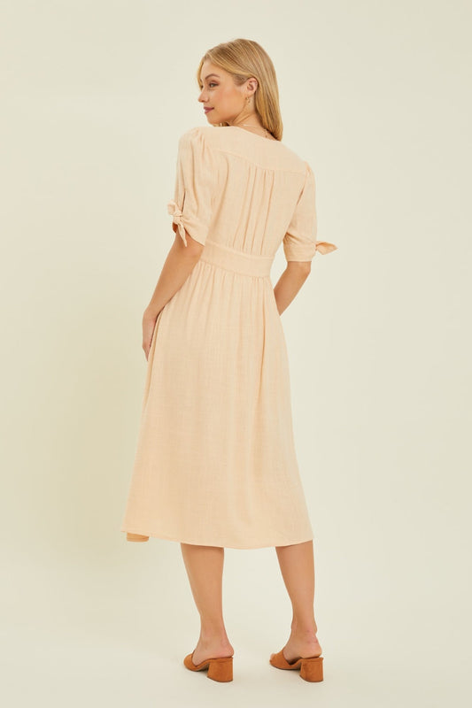 HEYSON Full Size Textured Linen V-Neck Button-Down Midi Dress Carauana Store