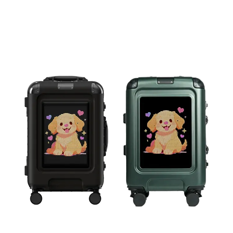 Two suitcases, one black and one green, with a cartoon dog design on their smart screens.