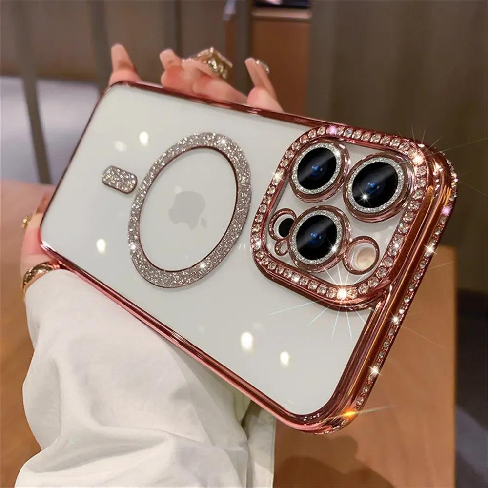 Luxury Diamond Glitter Magnetic Charging Soft Case for Magsafe IPhone 15 14 13 12 Pro Max Plus 11 Transparent Shockproof Cover