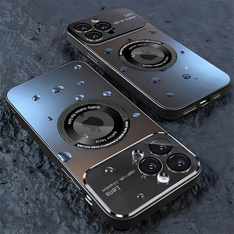 Two smartphones with metallic finish on a dark textured surface
