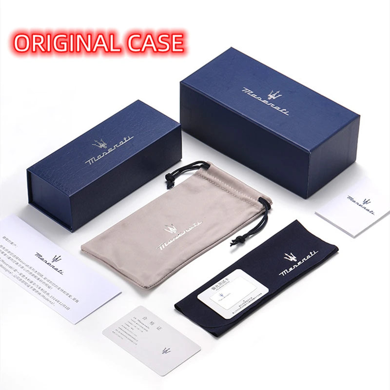 Maserati branded accessories including boxes, pouch, and documents on a white background