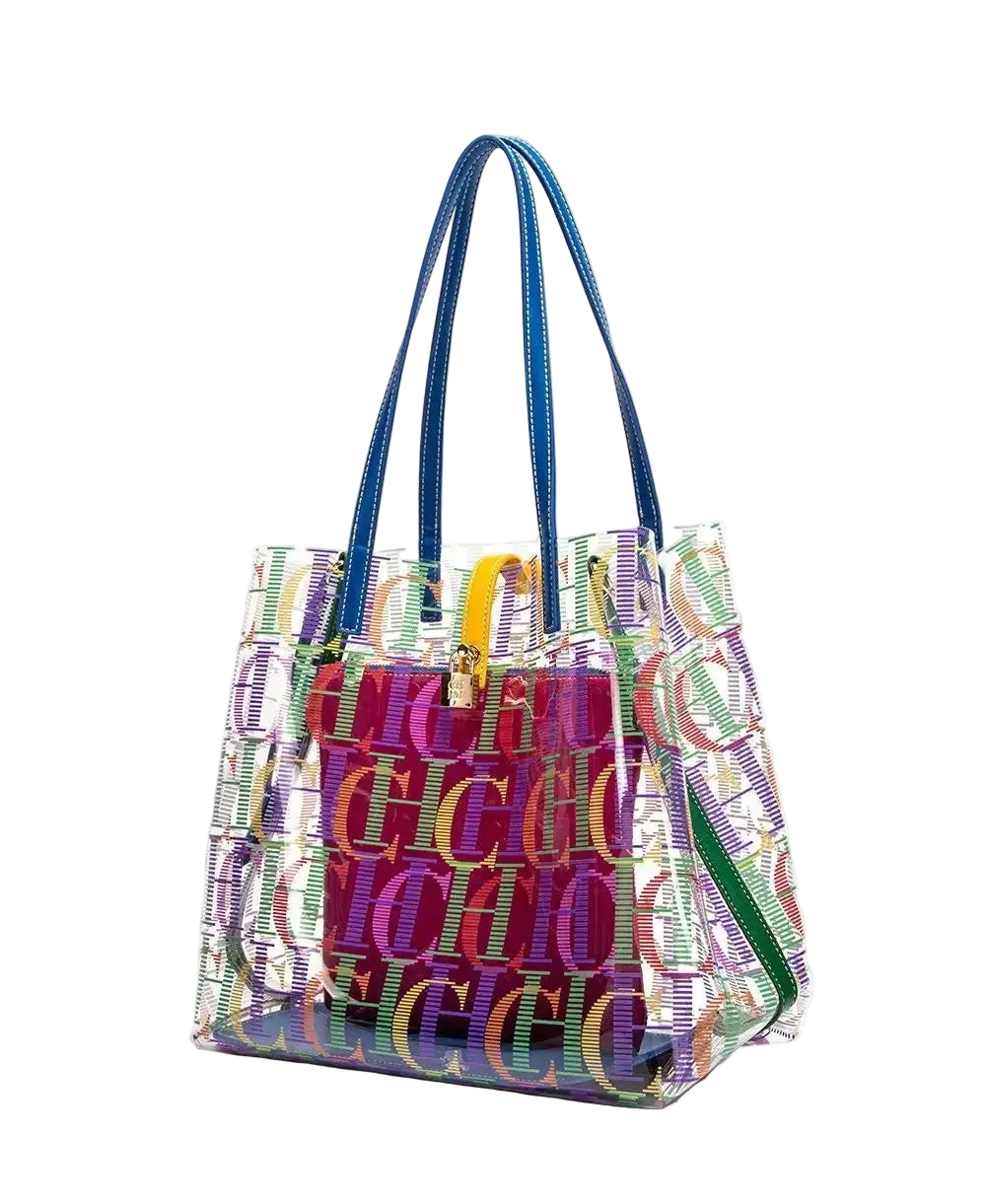 Multicolored transparent handbag with colorful logo pattern