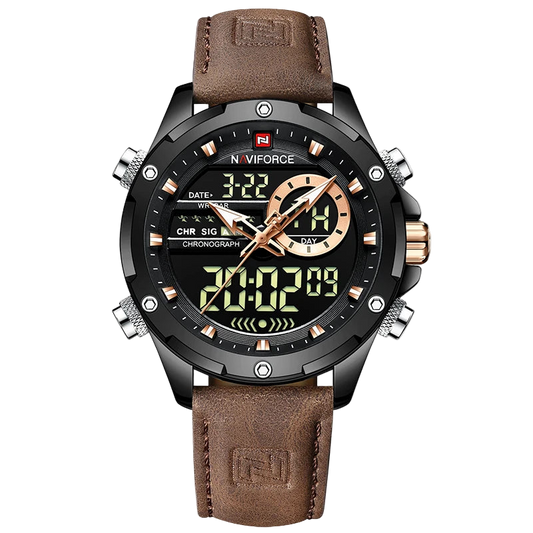 Naviforce watch with brown leather strap and digital display on a white background