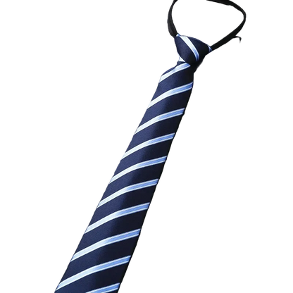Navy blue tie with white stripes on a dark gray background
