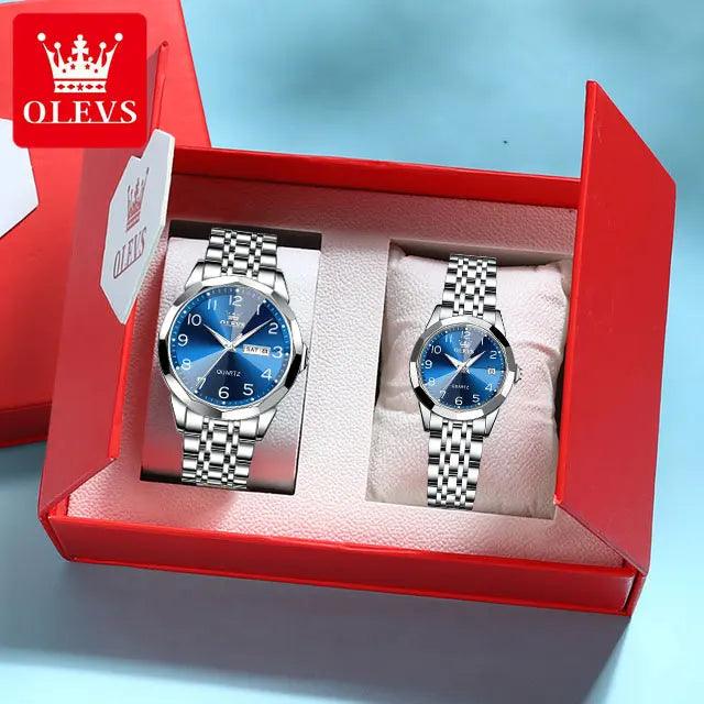 OLEVS Dance of Time: Stainless Steel Elegance with Eternal Calendars Couple's Watches Box Set