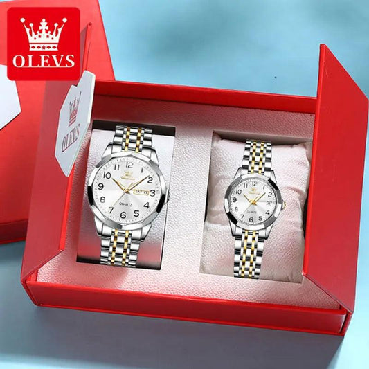 OLEVS Dance of Time: Stainless Steel Elegance with Eternal Calendars Couple's Watches Box Set