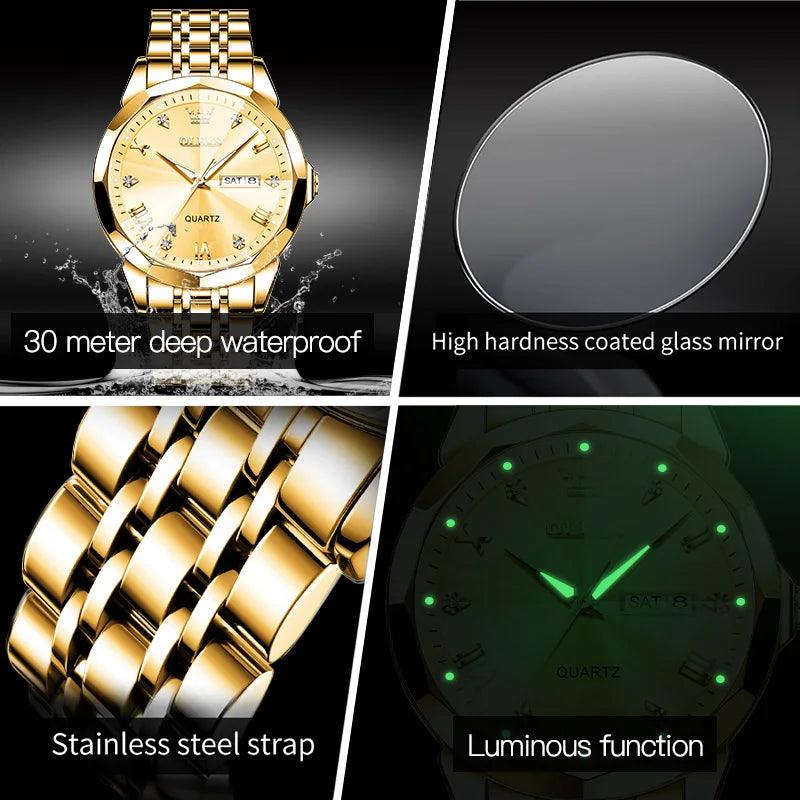 OLEVS Men‘s Watches Gold Original Quartz Wristwatch Waterproof Luminous Watch for Male Rhombus Mirror Date Week Luxury Dress