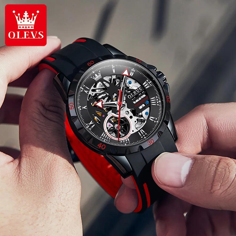 OLEVS Men's Watches Hollow Out Sporty Automatic Mechanical Watch for Man Waterproof Silicone Strap Fashion Hip Hop Style