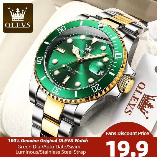 OLEVS Mens Watches Top Brand Luxury Fashion Waterproof Luminous Hand Green Dial Quartz Sports Wristwatch Gifts for Men