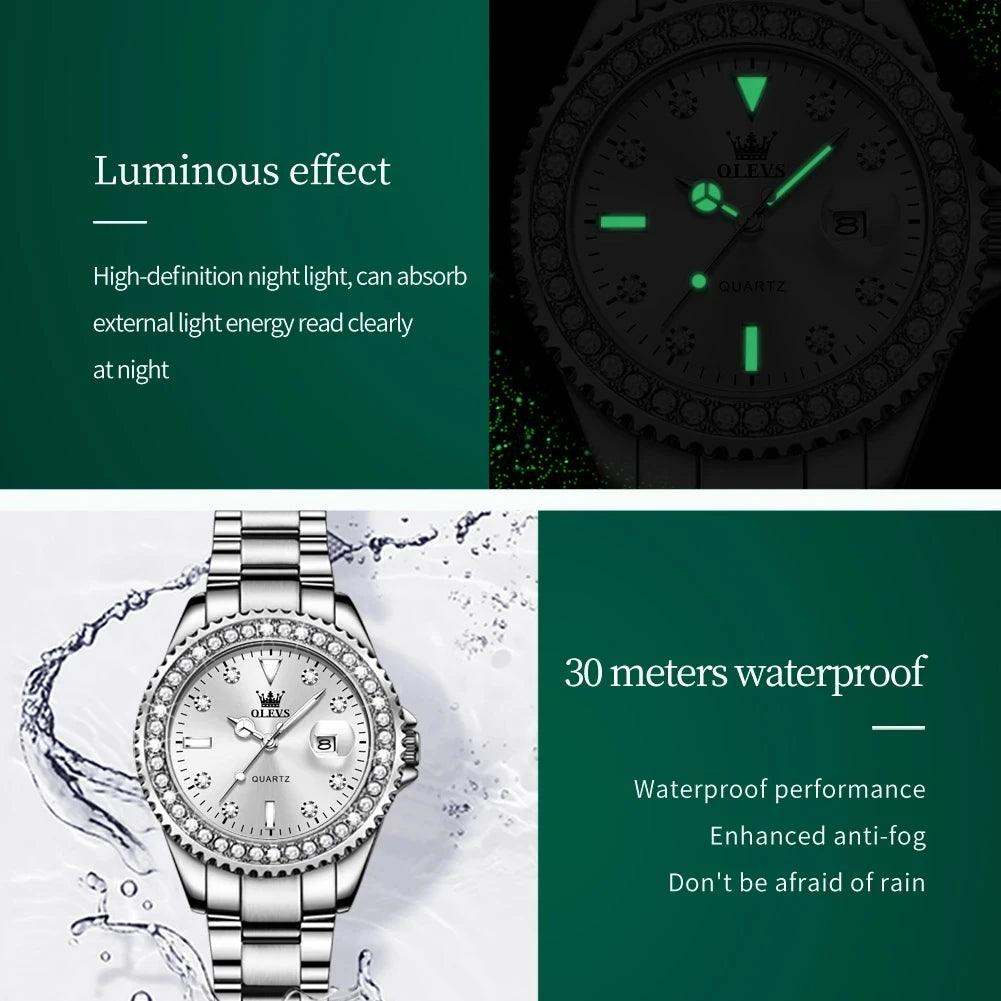 OLEVS Original Diamond Dial Quartz Watch for Women Fashion Elegant Ladies Watches Stainless Steel Waterproof Women's Wristwatch