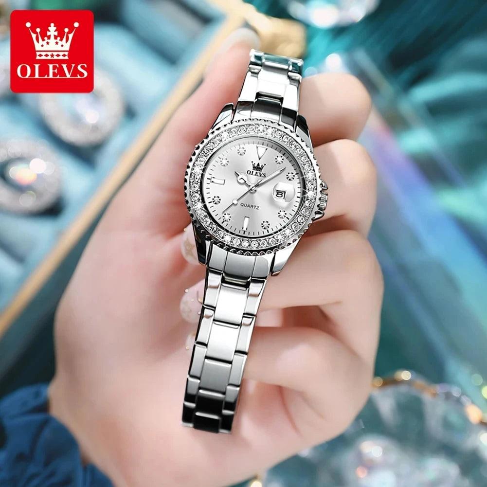 OLEVS Original Diamond Dial Quartz Watch for Women Fashion Elegant Ladies Watches Stainless Steel Waterproof Women's Wristwatch