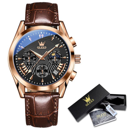 OLEVS Original Men's Watches Sport Chronograph Quartz Male Watch Waterproof Leather Strap Luminous Wristwatch 24 hour dial