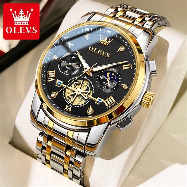 OLEVS Stainless Steel Men's Watches Chronograph Moon Phase Waterproof Luminous Quartz Wrist Watch for Men Luxury Brand Man Watch