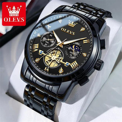 OLEVS Stainless Steel Men's Watches Chronograph Moon Phase Waterproof Luminous Quartz Wrist Watch for Men Luxury Brand Man Watch