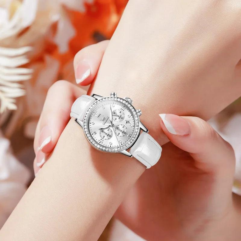 OLEVS Women's Diamond Quartz Wristwatch | Luxury Waterproof Leather Strap Multifunction Watch