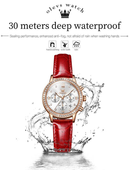 OLEVS Women's Diamond Quartz Wristwatch | Luxury Waterproof Leather Strap Multifunction Watch