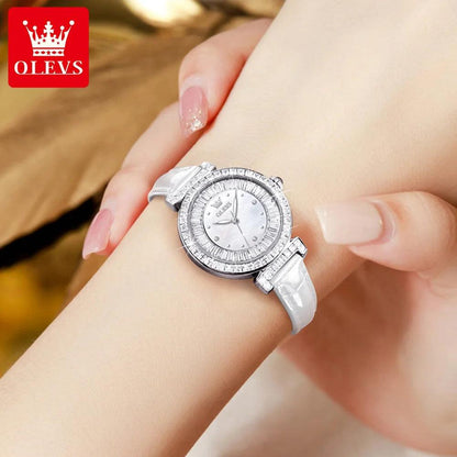 OLEVS Women's Watches Light luxury Fashion Original Quartz Watch for Ladies Waterproof Leather Strap Luminous Diamond Ring Dial