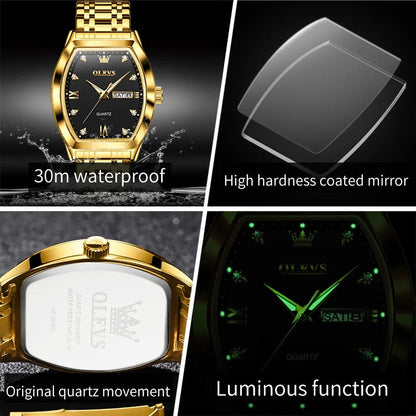 OLEVS/5528 Stainless Steel Luxury Quartz Watch | Elegant Tonneau Case with Shock Resistance and Week Display