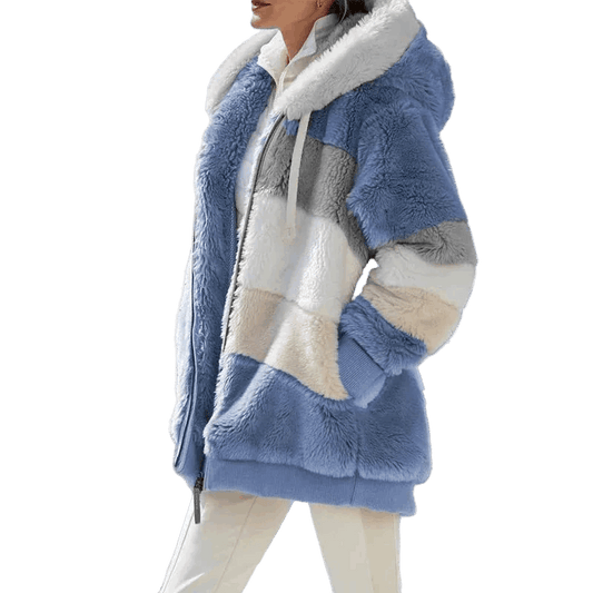 Hooded Patchwork Plaid Winter Cashmere Jacket for Women CaRaUaNa Fashion