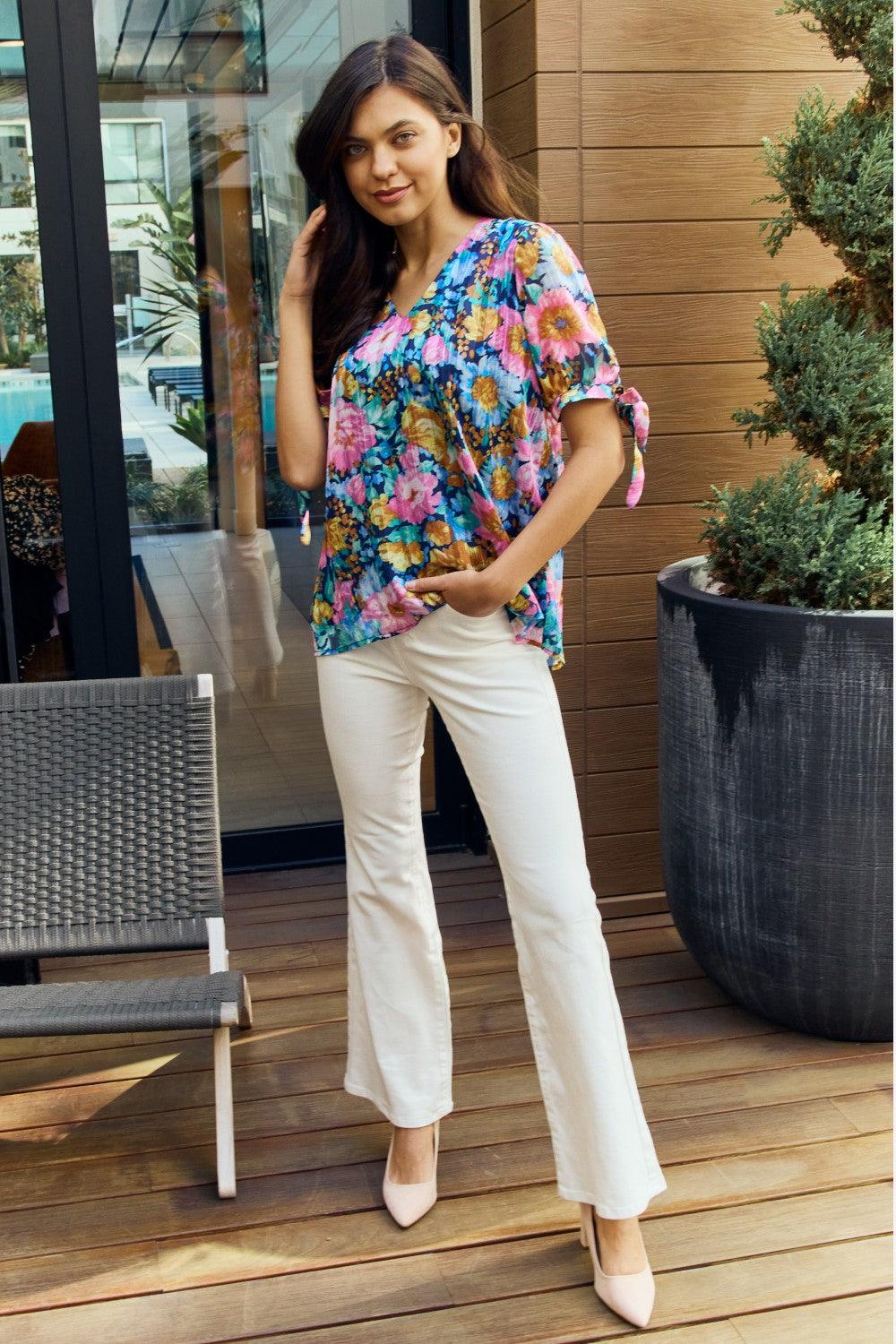 Petal Dew Full Size Floral V-Neck Tie Detail Blouse Carauana Store