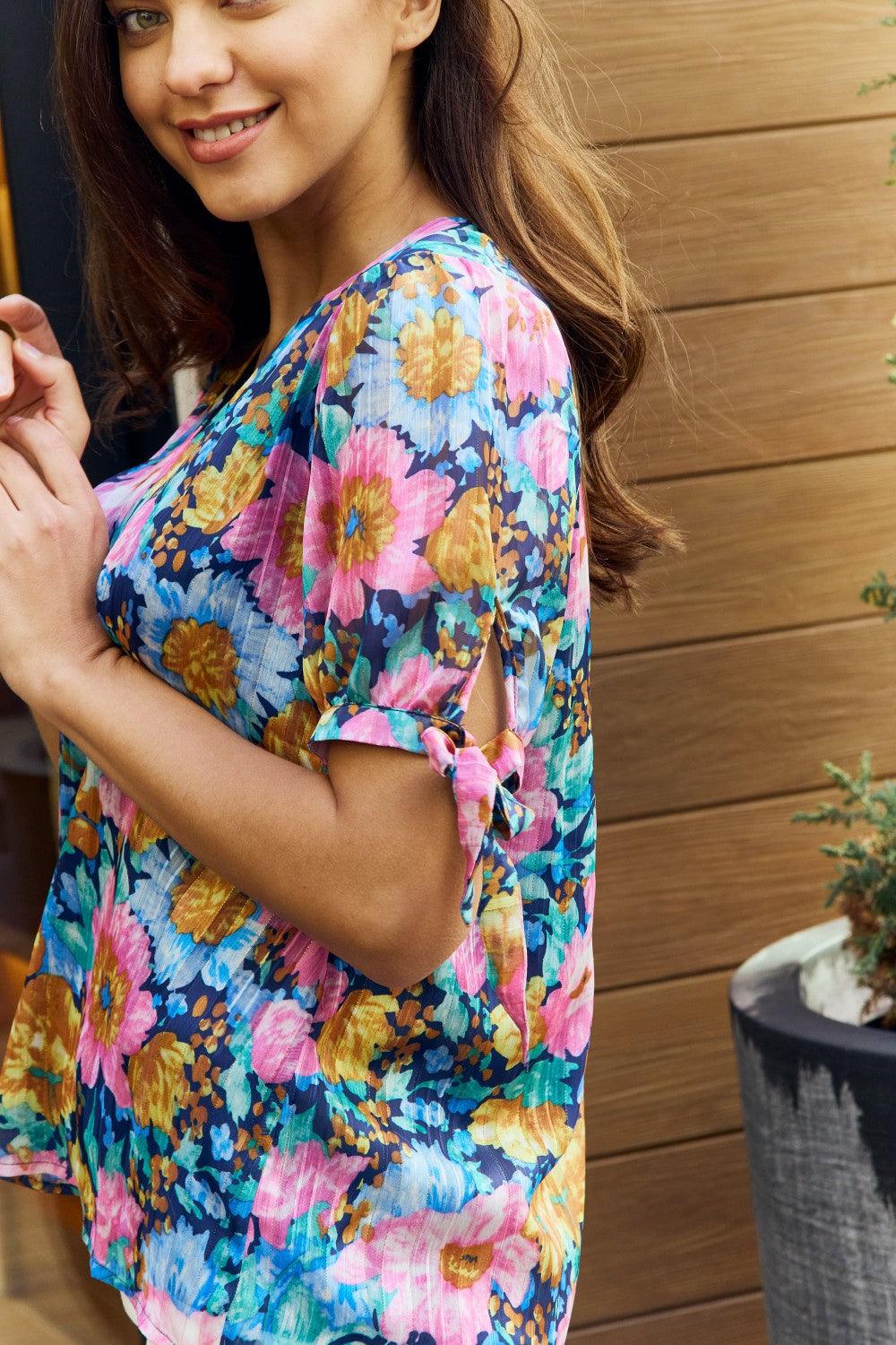 Petal Dew Full Size Floral V-Neck Tie Detail Blouse Carauana Store