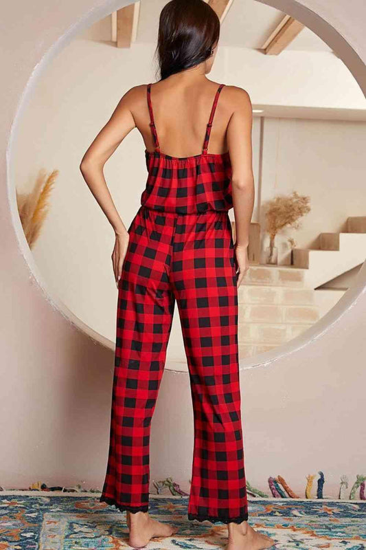 Plaid Lace Trim Spaghetti Strap Jumpsuit Carauana Store