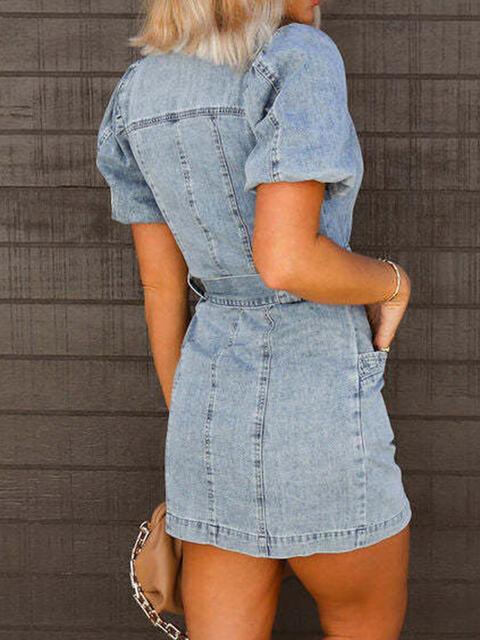 Puff Sleeve Button Up Mini Denim Dress Carauana Store