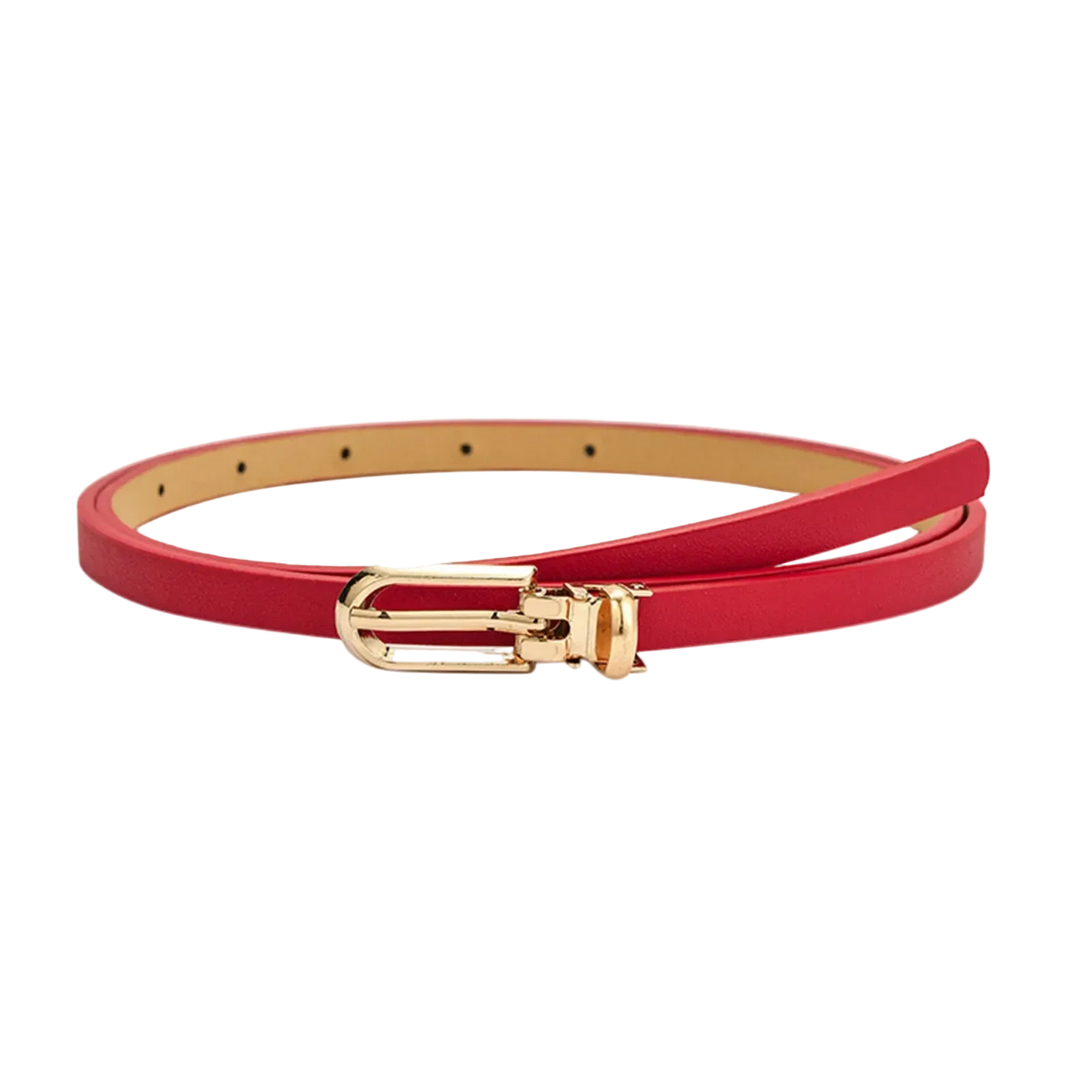 Red belt with a gold buckle