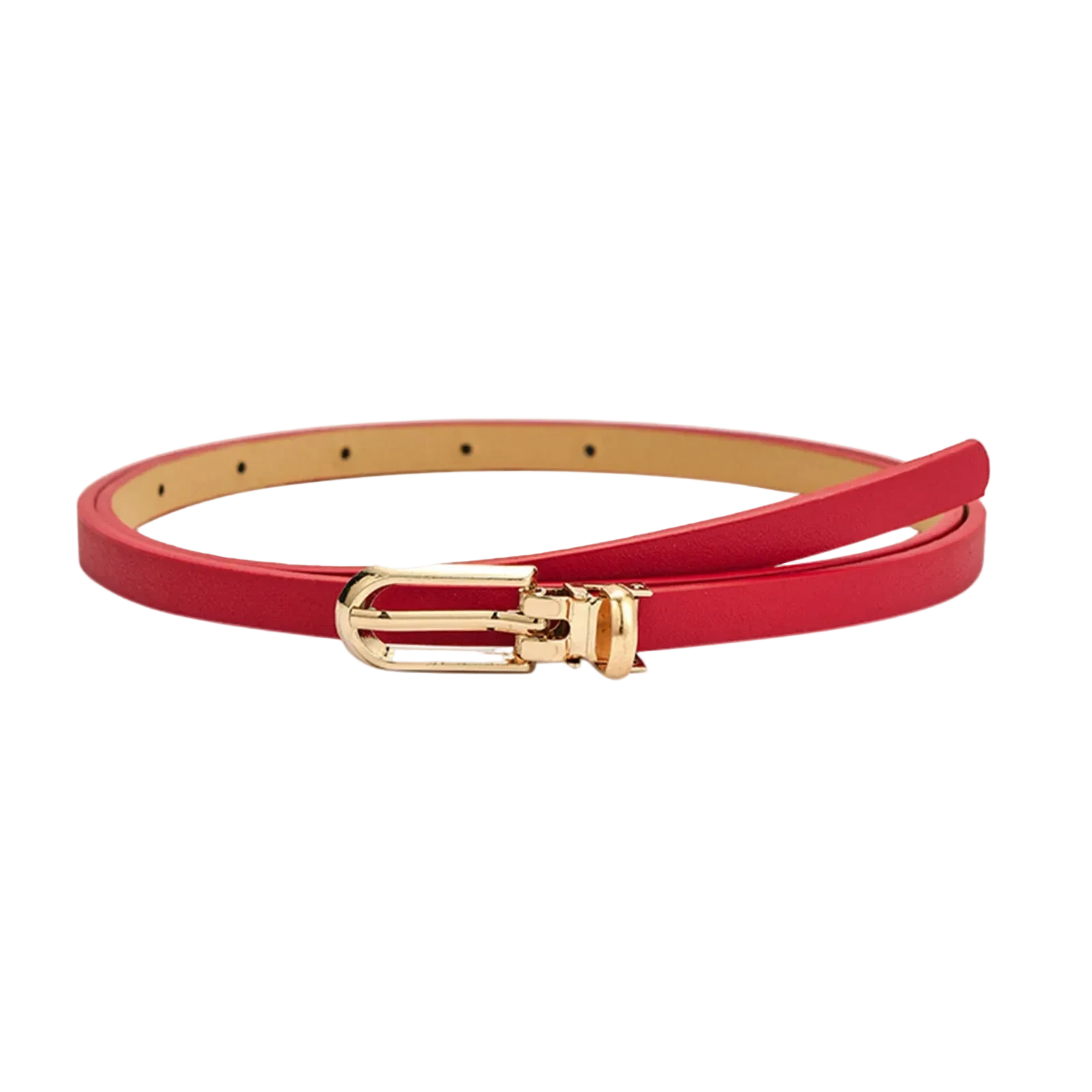 Red belt with a gold buckle