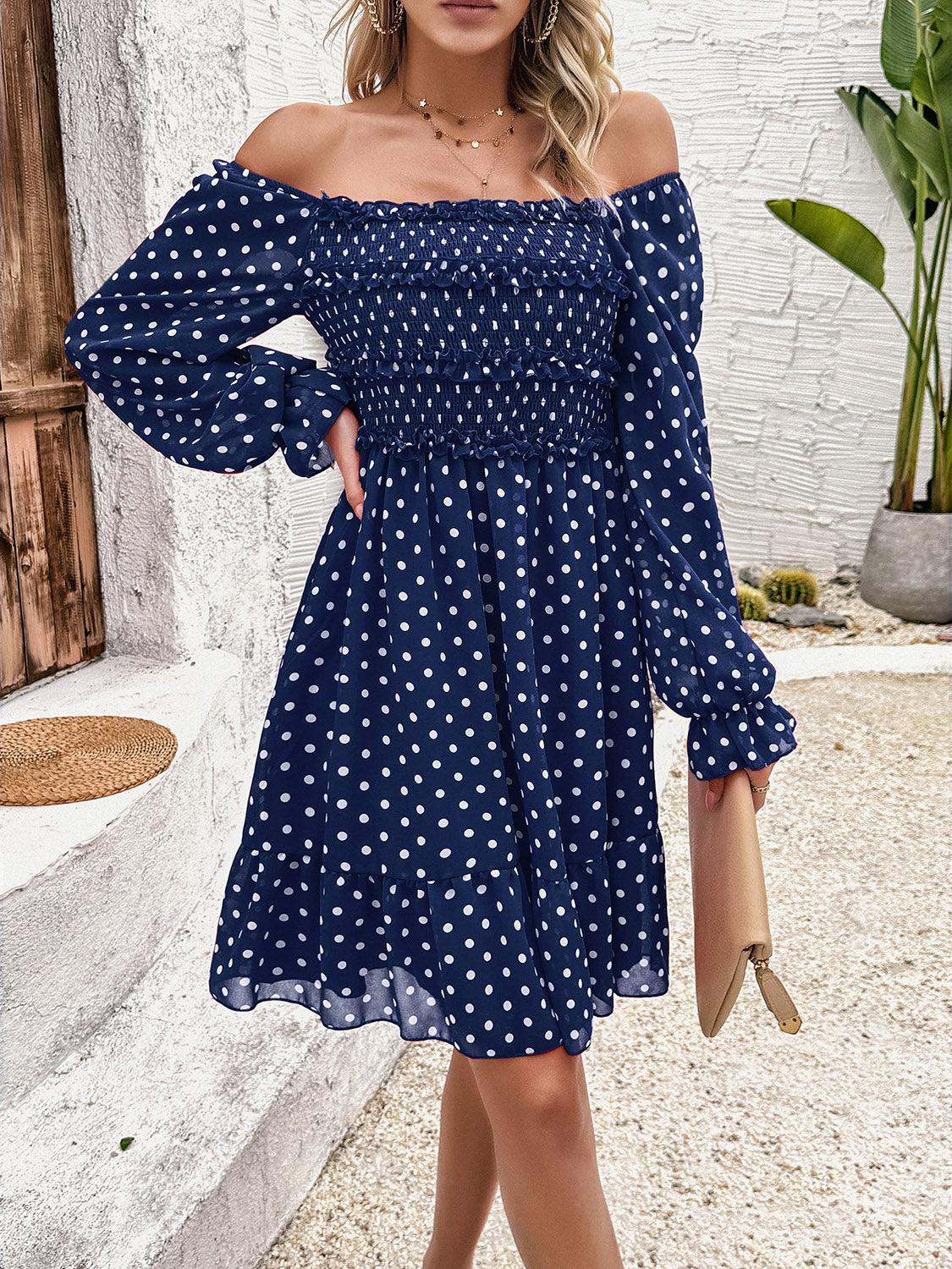 Smocked Polka Dot Long Sleeve Dress CaRaUaNa Fashion