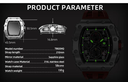 TSAR BOMBA Luxury Tonneau Clock 50M Waterproof Stainless Steel