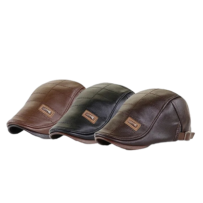 Three leather caps in brown, green, and black