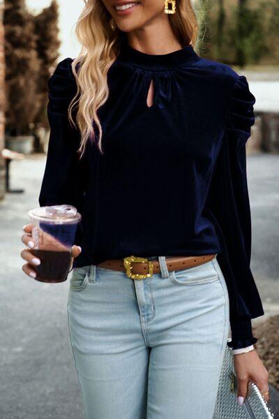 Tie Up Mock Neck Velvet Fabric Long Sleeve Blouse Carauana Store