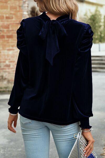 Tie Up Mock Neck Velvet Fabric Long Sleeve Blouse Carauana Store