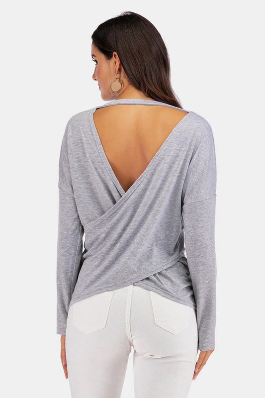 V-Neck Drop Shoulder Open Back Sweatshirt Carauana Store