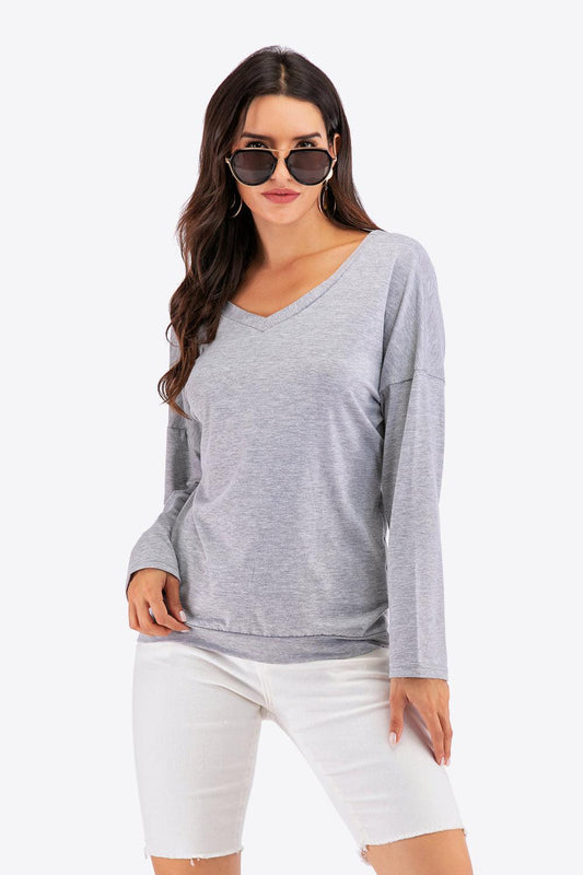V-Neck Drop Shoulder Open Back Sweatshirt Carauana Store