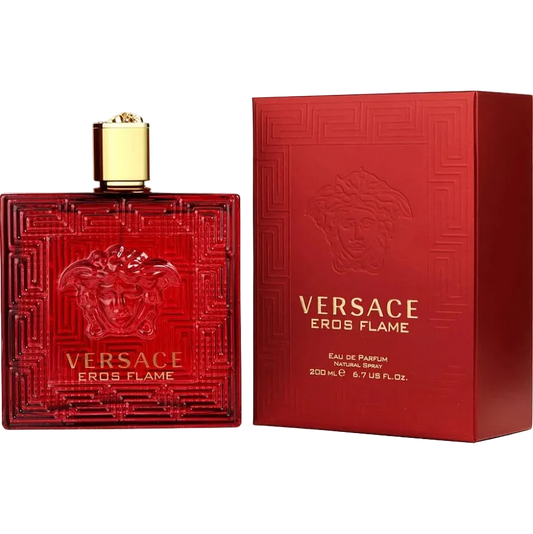 Versace Eros Flame perfume bottle and packaging on a white background