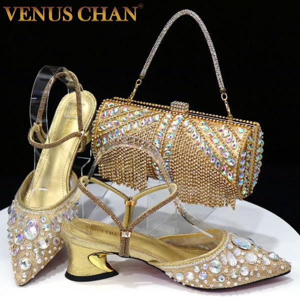 Venus Chan 2023 Fashion Rhinestone Heels Pointed-Toe Gold Colored Lace Tassel Design Elegant Luxury Shoes and Bag for Lady Party