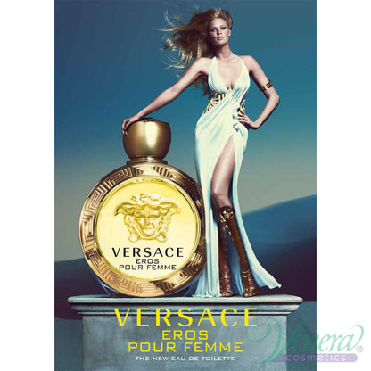 Versace Eros pour Femme perfume bottle with a model in a classical gown against a blue sky.