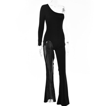 Vip Jumpsuits Rhinestones Bodycon Flared Slim Fit High Waist One-piece Outfits