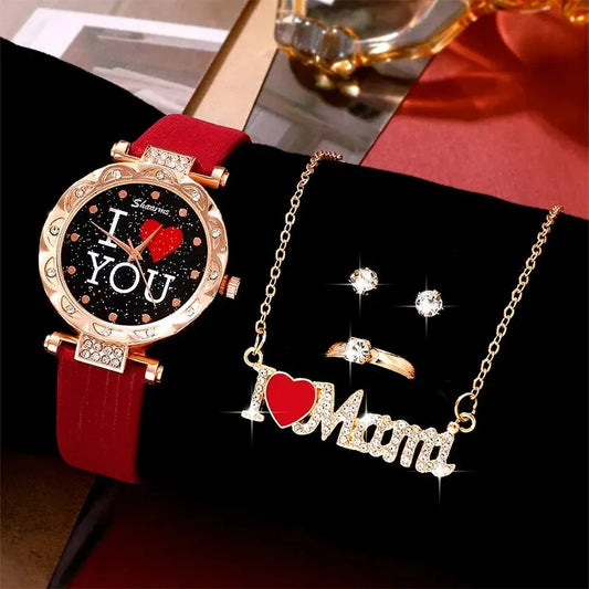 Watch_with_red_strap_necklace_with_I_Mami_pendant_ring_and_earrings