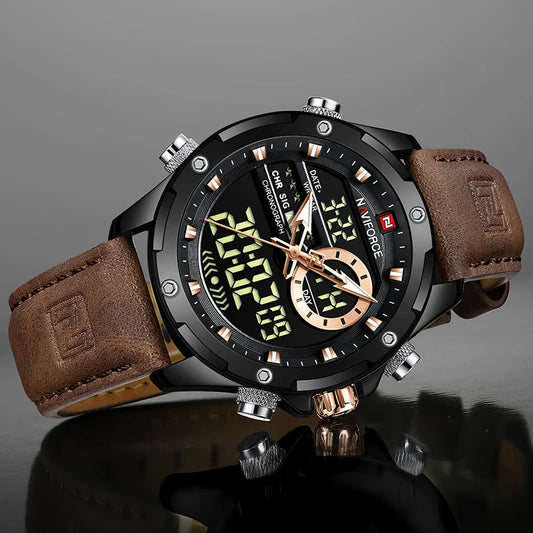 Wristwatch with brown leather strap and black dial on a reflective surface